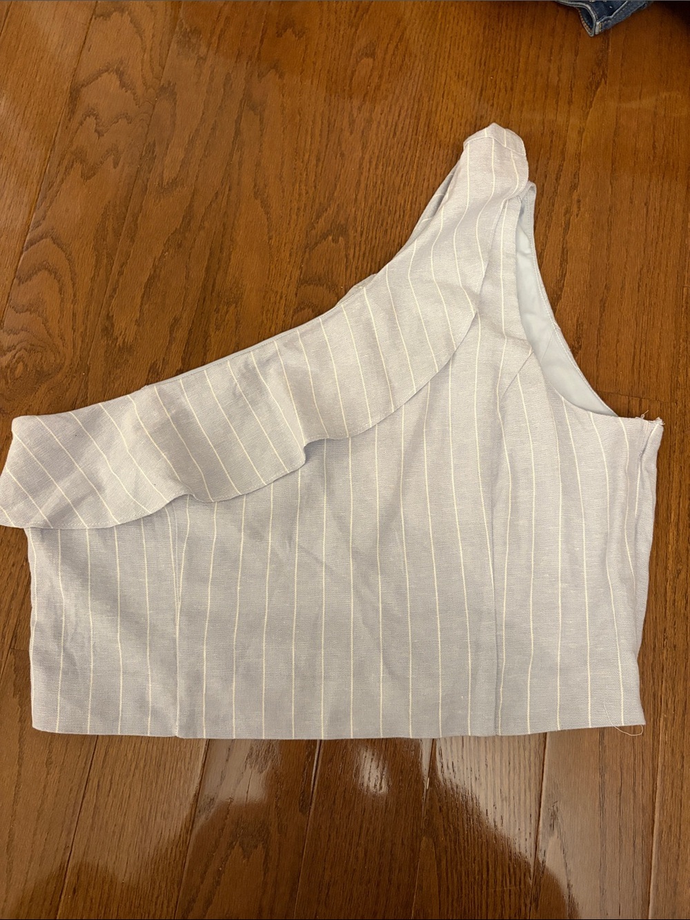 Dynamite Light Blue Pinstripe One-Shoulder Ruffle Crop Top